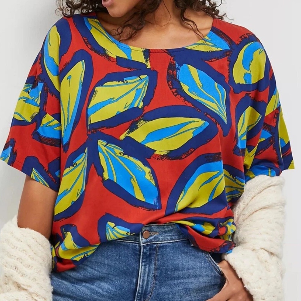 Womens Bold Abstract Leaf Print Wearable Art Relaxed Fit Top Festival Maximalist